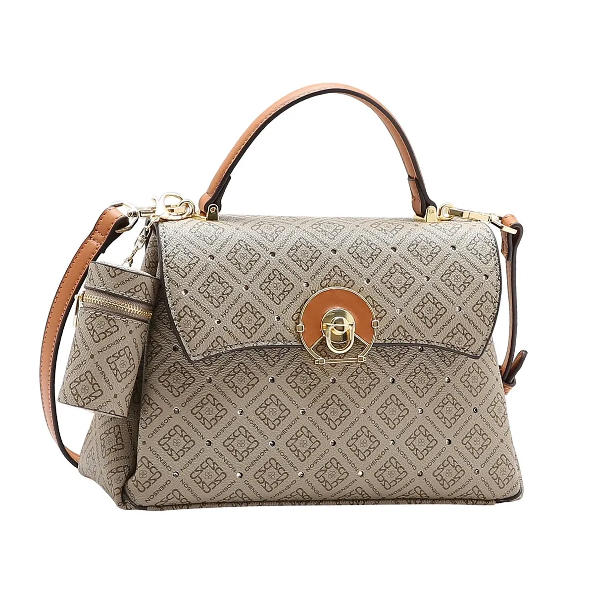 Bolsa shoulder bag Chenson Monograma Luxo feminina na cor bege com estampa monograma e ferragens douradas